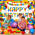 Tatuo Building Block Happy Birthday Backdrop - Colorful Block Party Banner 72.8 x 43.3 in