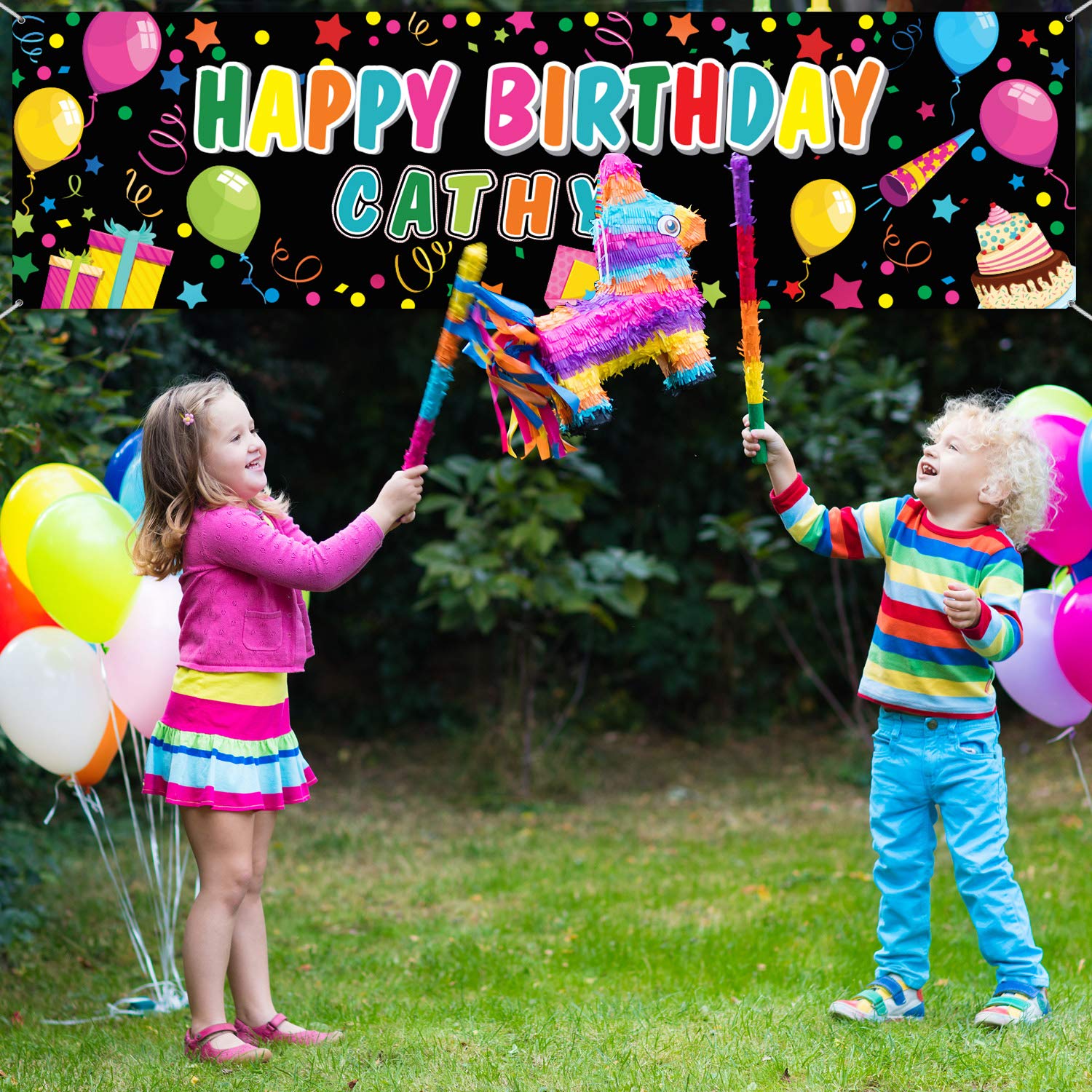Tatuo Personalized Birthday Banner with Name - DIY Colorful Backdrop for Parties (Black)