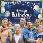 Tatuo Happy Birthday Backdrop Banner — Navy & Silver Glitter Photo Background (72.8 x 43.3 in)