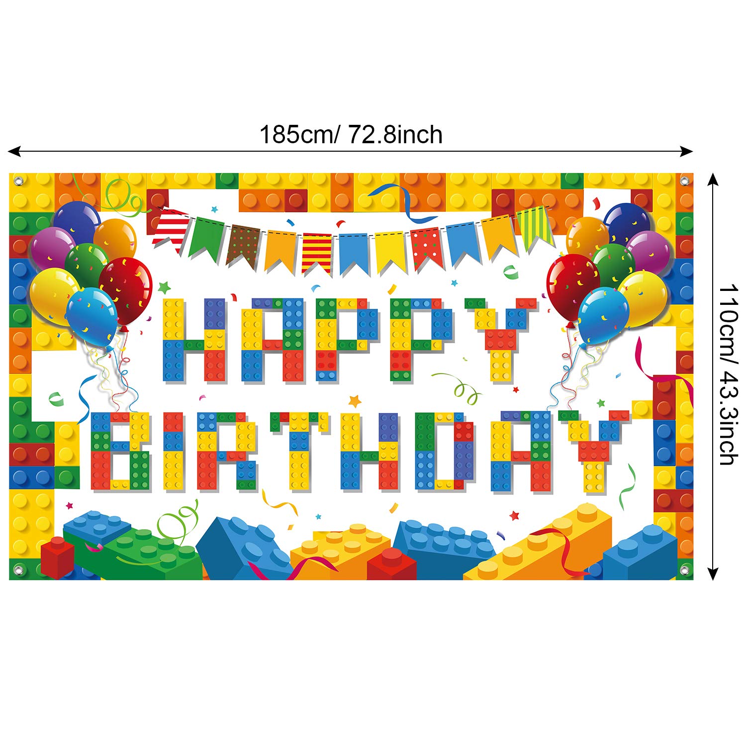 Tatuo Building Block Happy Birthday Backdrop - Colorful Block Party Banner 72.8 x 43.3 in