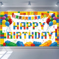 Tatuo Building Block Happy Birthday Backdrop - Colorful Block Party Banner 72.8 x 43.3 in
