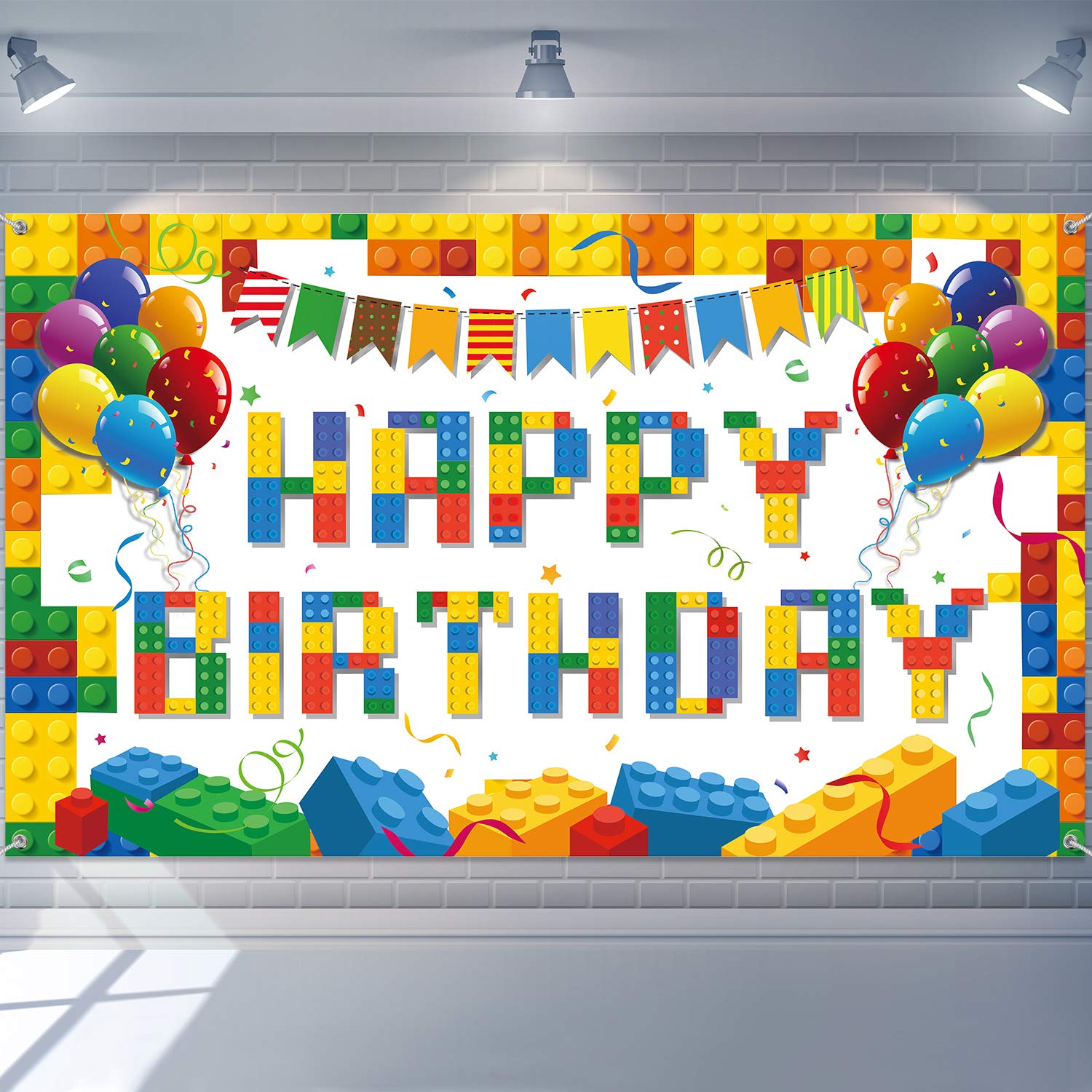 Tatuo Building Block Happy Birthday Backdrop - Colorful Block Party Banner 72.8 x 43.3 in