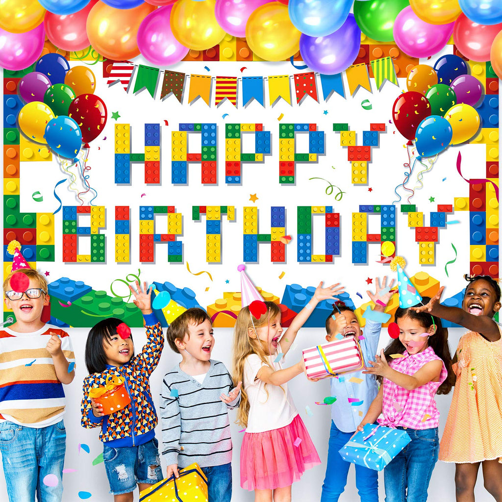 Tatuo Building Block Happy Birthday Backdrop - Colorful Block Party Banner 72.8 x 43.3 in