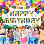 Tatuo Building Block Happy Birthday Backdrop - Colorful Block Party Banner 72.8 x 43.3 in