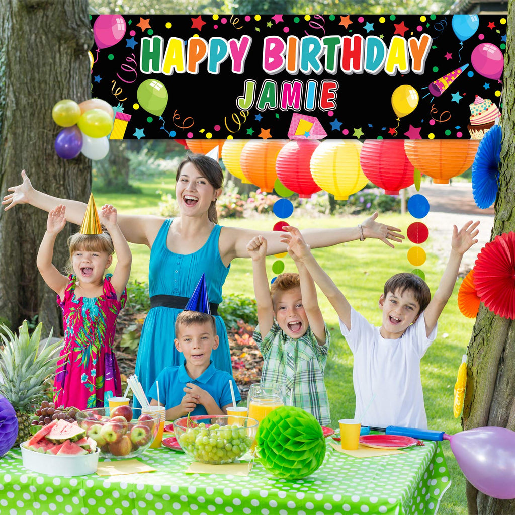 Tatuo Personalized Birthday Banner with Name - DIY Colorful Backdrop for Parties (Black)