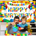 Tatuo Building Block Happy Birthday Backdrop - Colorful Block Party Banner 72.8 x 43.3 in