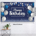 Tatuo Happy Birthday Backdrop Banner — Navy & Silver Glitter Photo Background (72.8 x 43.3 in)