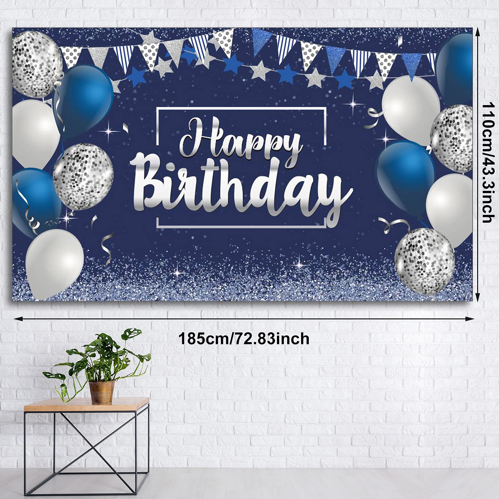 Tatuo Happy Birthday Backdrop Banner — Navy & Silver Glitter Photo Background (72.8 x 43.3 in)