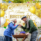 Tatuo Happy Birthday Decorations Backdrop Banner, Navy White Gold, 72.8 x 43.3 in