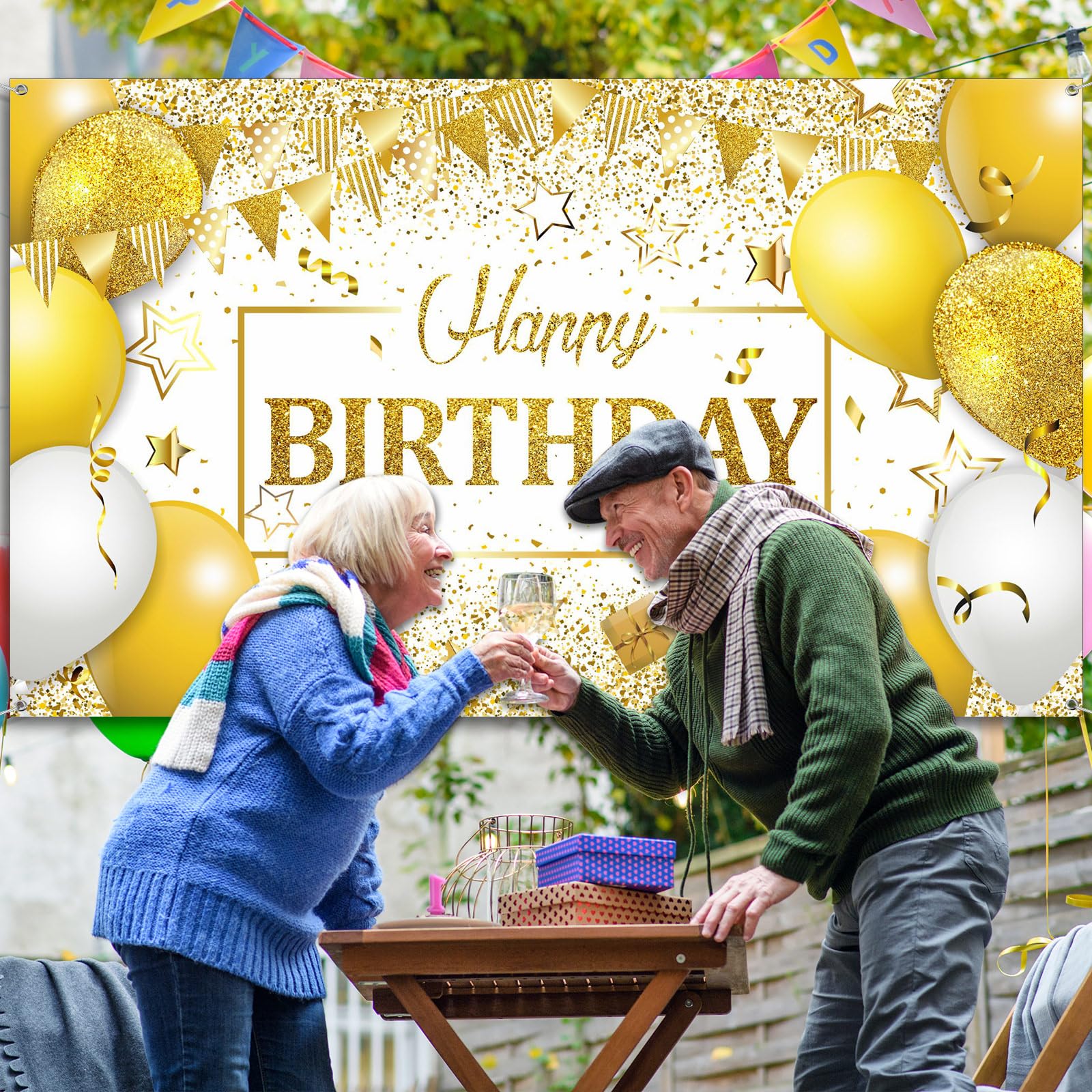 Tatuo Happy Birthday Decorations Backdrop Banner, Navy White Gold, 72.8 x 43.3 in