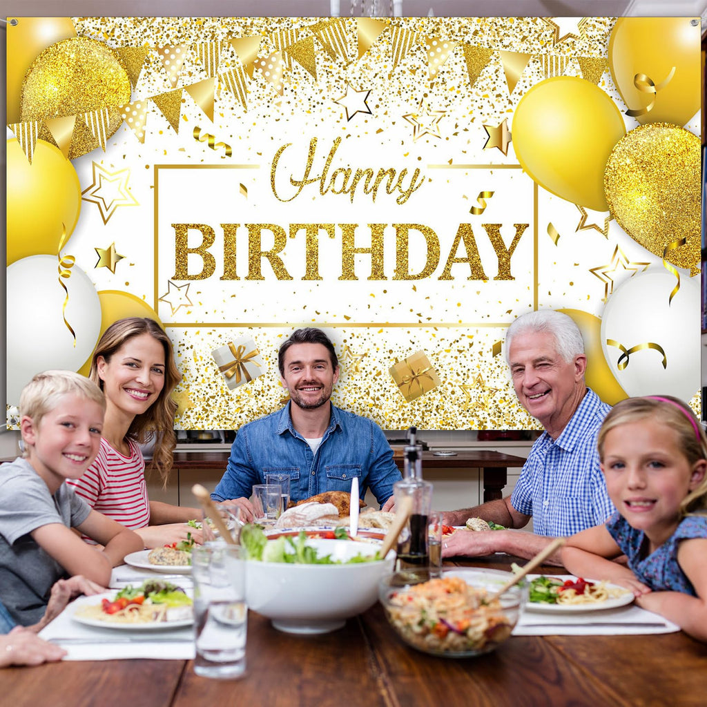Tatuo Happy Birthday Decorations Backdrop Banner, Navy White Gold, 72.8 x 43.3 in