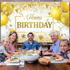 Tatuo Happy Birthday Decorations Backdrop Banner, Navy White Gold, 72.8 x 43.3 in
