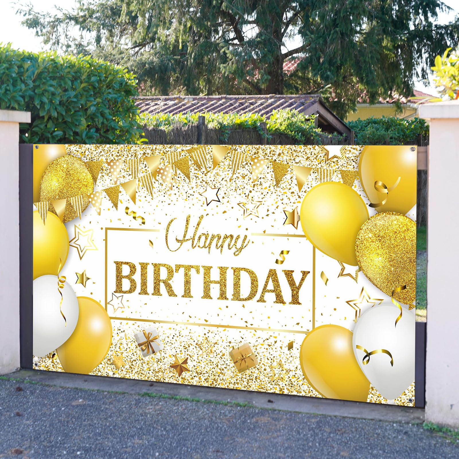 Tatuo Happy Birthday Decorations Backdrop Banner, Navy White Gold, 72.8 x 43.3 in