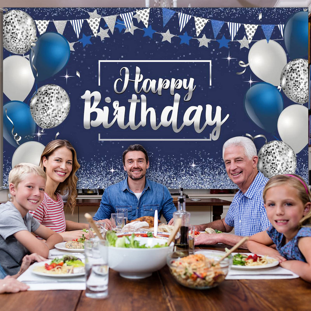 Tatuo Happy Birthday Backdrop Banner — Navy & Silver Glitter Photo Background (72.8 x 43.3 in)