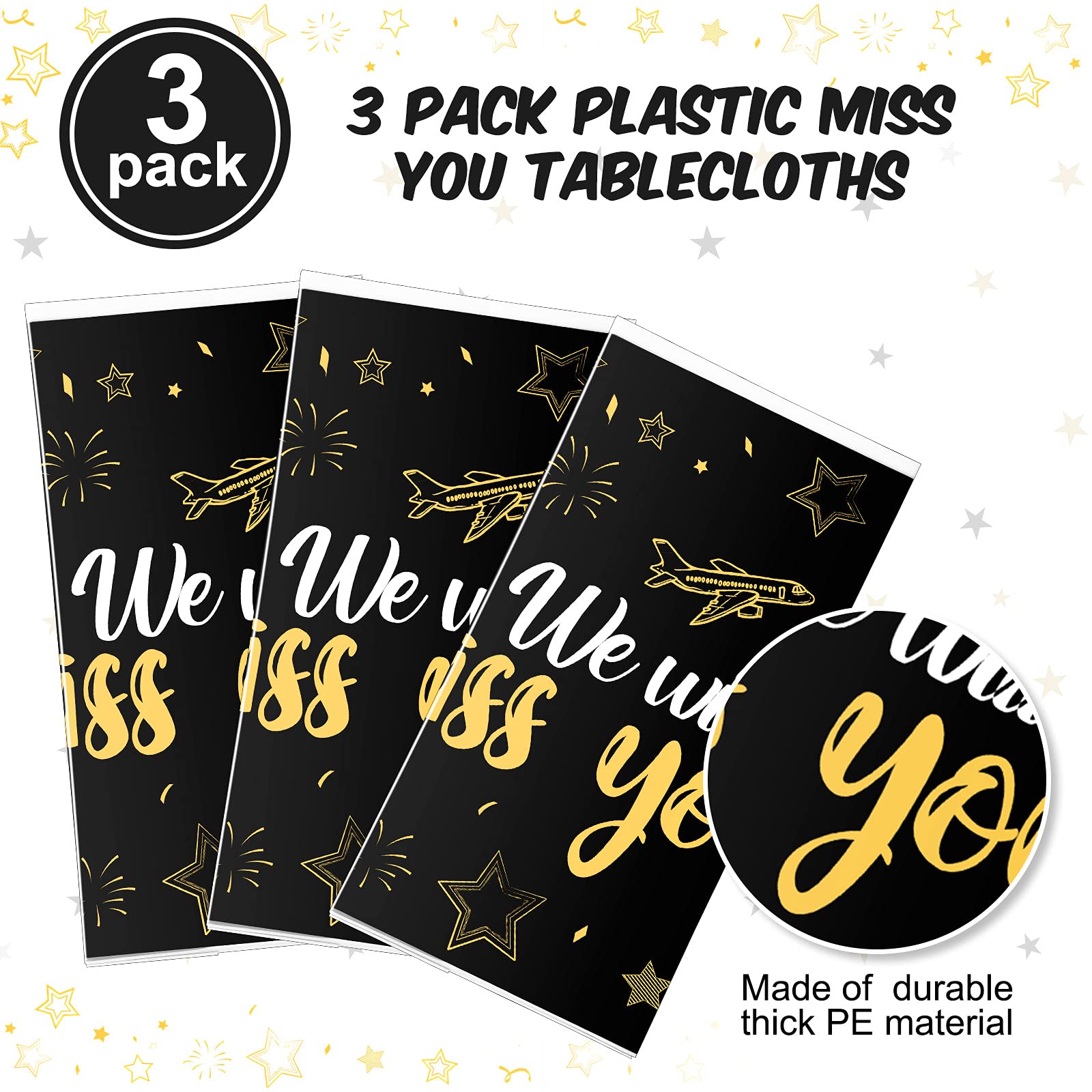 Tatuo 3-Piece We Will Miss You Tablecloth – Gold Stars, Farewell & Retirement Party Decor
