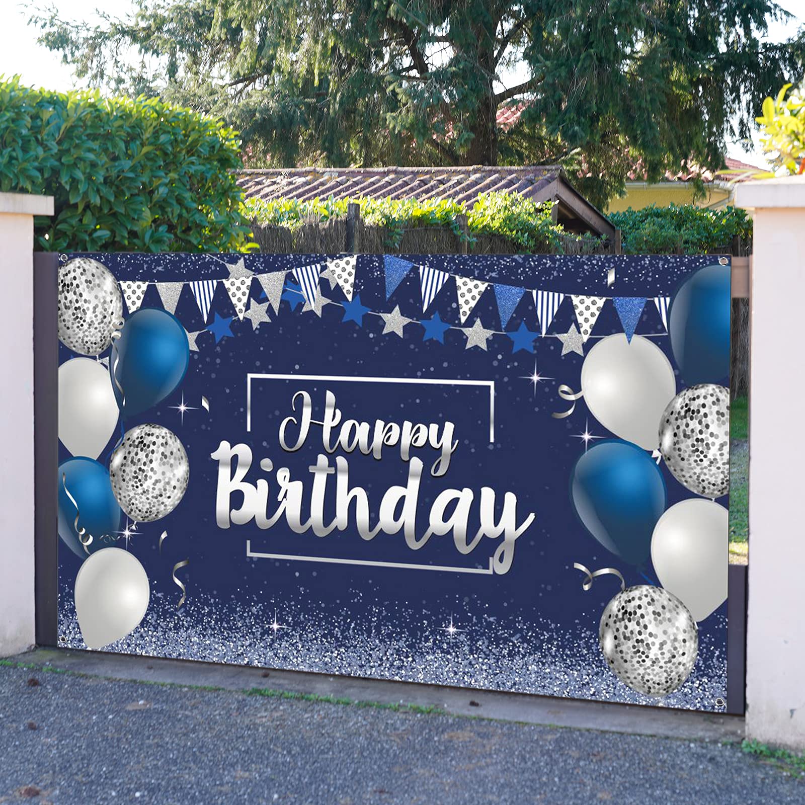 Tatuo Happy Birthday Backdrop Banner — Navy & Silver Glitter Photo Background (72.8 x 43.3 in)