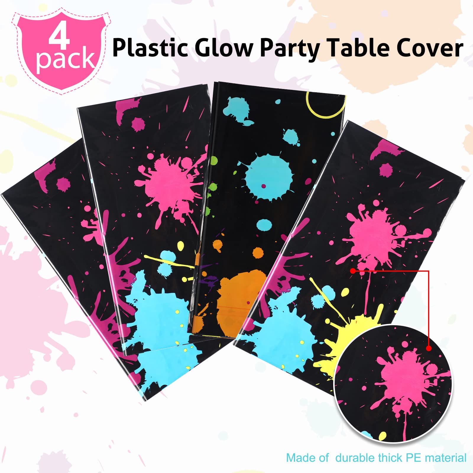 Tatuo Glow Party Table Covers Neon – 108 x 54 in, 4-Pack Disposable Black Light Tablecloths
