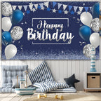 Tatuo Happy Birthday Backdrop Banner — Navy & Silver Glitter Photo Background (72.8 x 43.3 in)