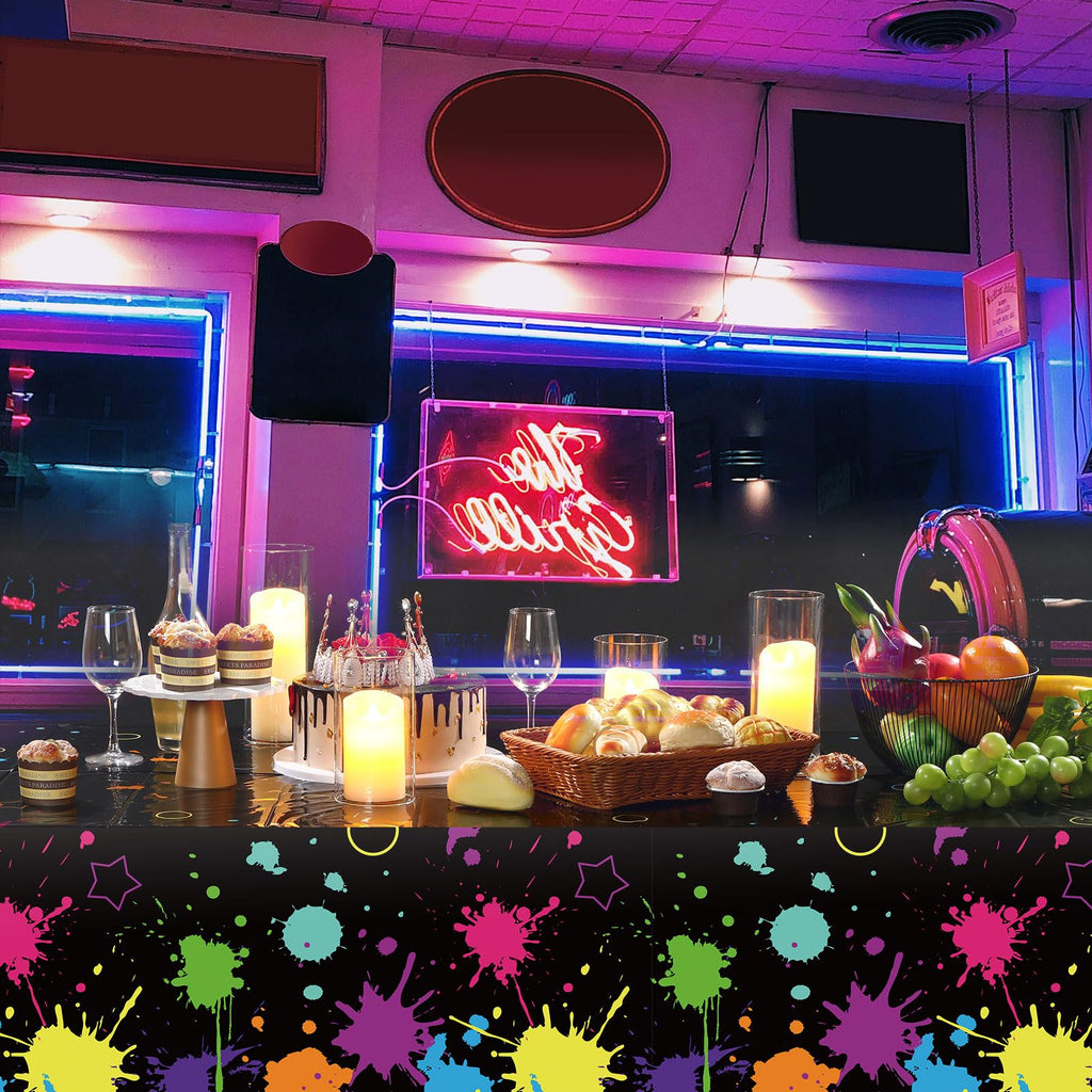 Tatuo Neon Glow Tablecloths 108 x 54 Inch – Disposable Black Light Party Covers for Birthday & Events