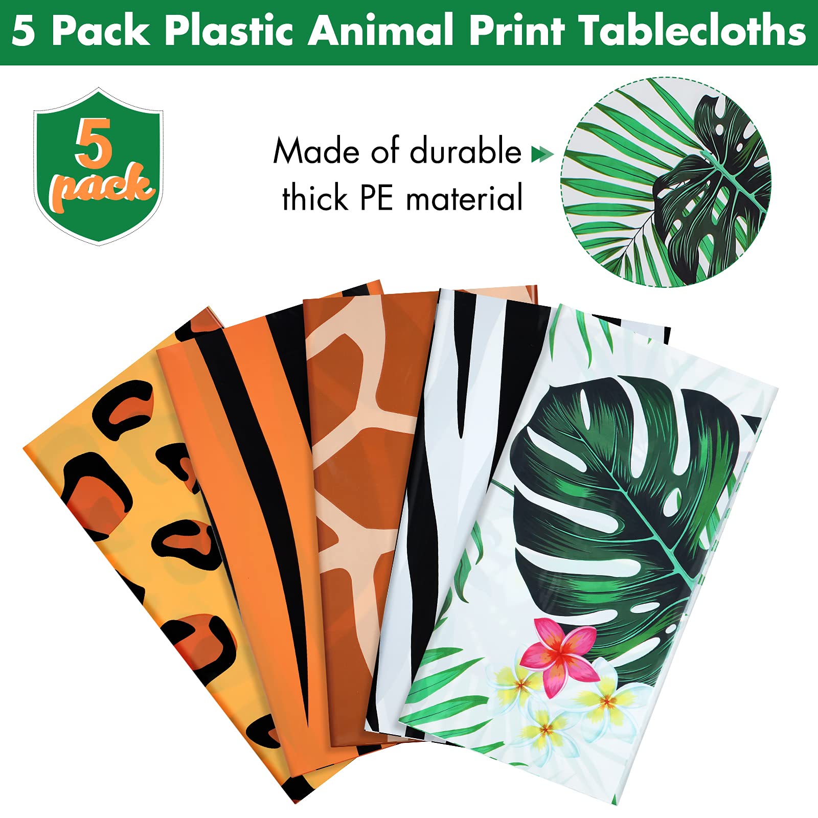 Tatuo 5-Piece Safari Animal Tablecloth Set | Jungle Print Table Covers, 108 x 54 in