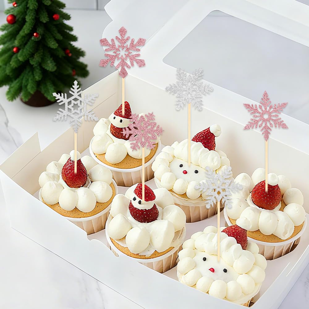 Tauywolci Snowflake Cupcake Toppers - 24 Glitter Pink & Silver Picks for Winter Wonderland & Christmas