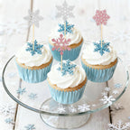 Tauywolci Snowflake Cupcake Toppers - 24 Glitter Pink & Silver Picks for Winter Wonderland & Christmas