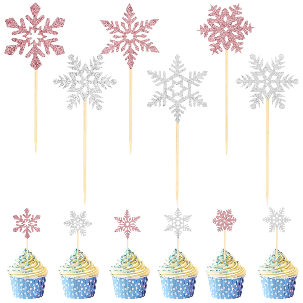 Tauywolci Snowflake Cupcake Toppers - 24 Glitter Pink & Silver Picks for Winter Wonderland & Christmas