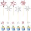 Tauywolci Snowflake Cupcake Toppers - 24 Glitter Pink & Silver Picks for Winter Wonderland & Christmas