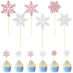Tauywolci Snowflake Cupcake Toppers - 24 Glitter Pink & Silver Picks for Winter Wonderland & Christmas