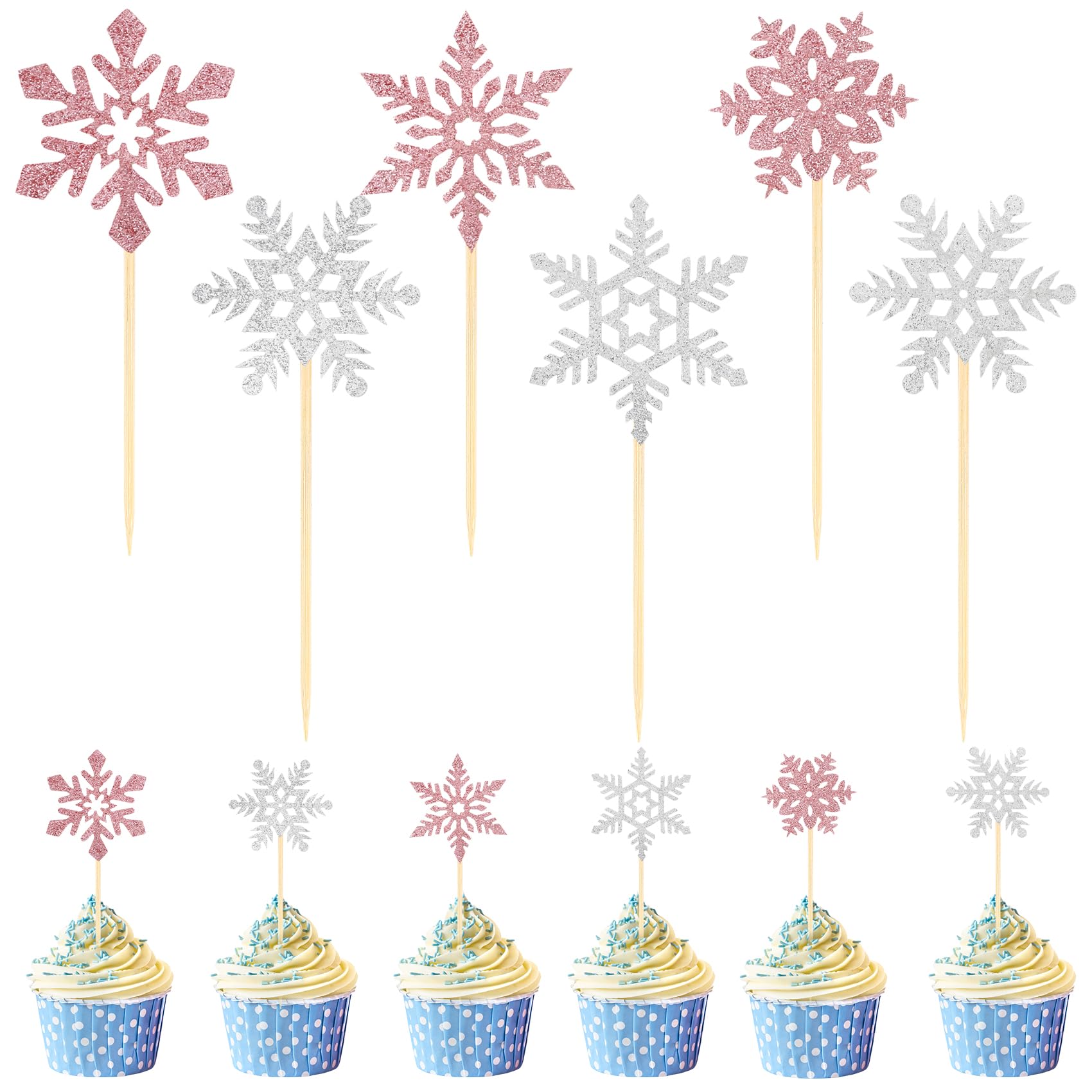Tauywolci Snowflake Cupcake Toppers - 24 Glitter Pink & Silver Picks for Winter Wonderland & Christmas