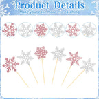 Tauywolci Snowflake Cupcake Toppers - 24 Glitter Pink & Silver Picks for Winter Wonderland & Christmas