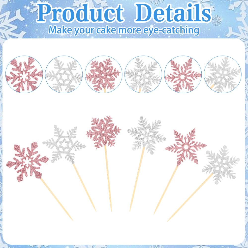 Tauywolci Snowflake Cupcake Toppers - 24 Glitter Pink & Silver Picks for Winter Wonderland & Christmas