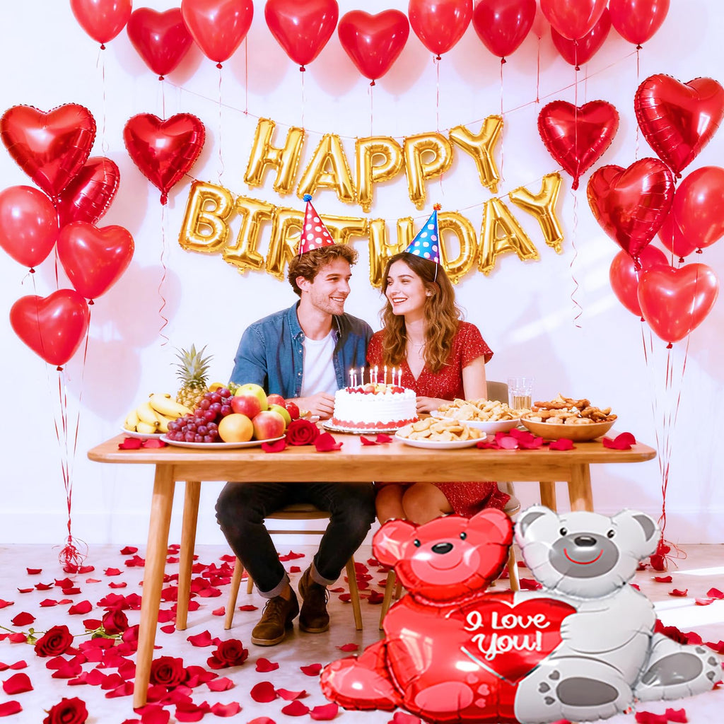 Tayuvira Happy Birthday Decorations – Romantic Balloons Set with Banner, Big Love-Bear, Red Hearts & 1000 Silk Rose Petals