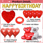 Tayuvira Happy Birthday Decorations – Romantic Balloons Set with Banner, Big Love-Bear, Red Hearts & 1000 Silk Rose Petals