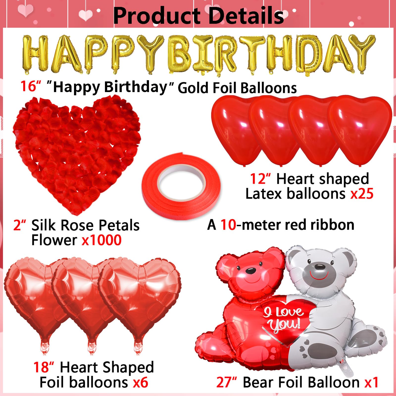 Tayuvira Happy Birthday Decorations – Romantic Balloons Set with Banner, Big Love-Bear, Red Hearts & 1000 Silk Rose Petals