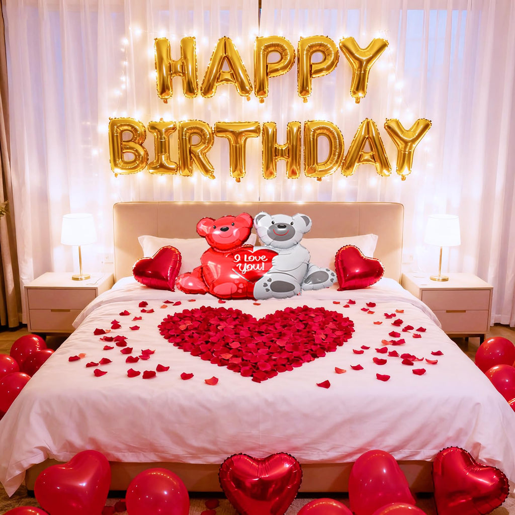 Tayuvira Happy Birthday Decorations – Romantic Balloons Set with Banner, Big Love-Bear, Red Hearts & 1000 Silk Rose Petals
