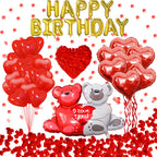 Tayuvira Happy Birthday Decorations – Romantic Balloons Set with Banner, Big Love-Bear, Red Hearts & 1000 Silk Rose Petals