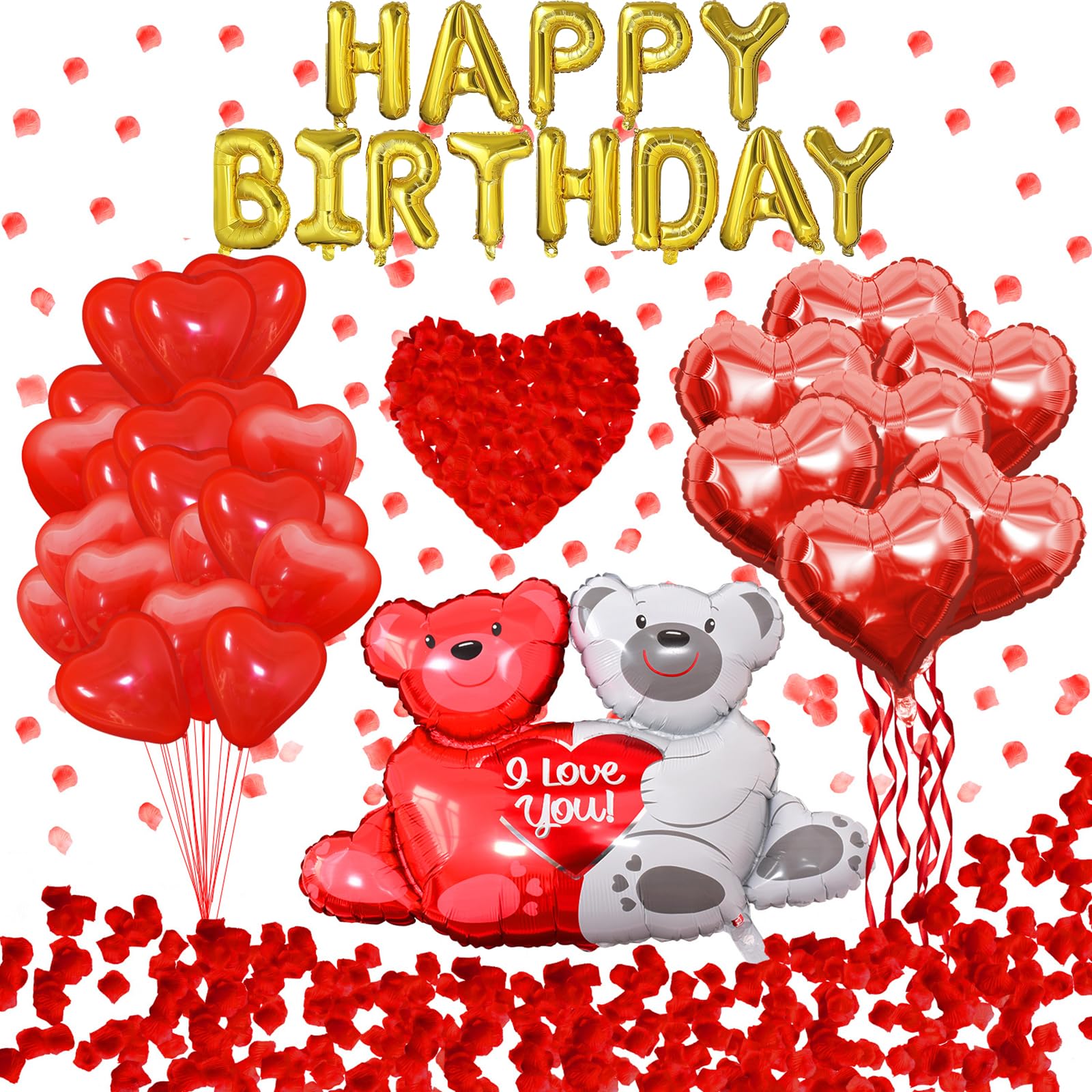 Tayuvira Happy Birthday Decorations – Romantic Balloons Set with Banner, Big Love-Bear, Red Hearts & 1000 Silk Rose Petals