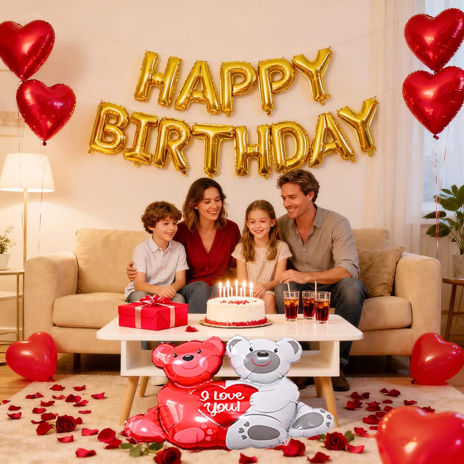 Tayuvira Happy Birthday Decorations – Romantic Balloons Set with Banner, Big Love-Bear, Red Hearts & 1000 Silk Rose Petals