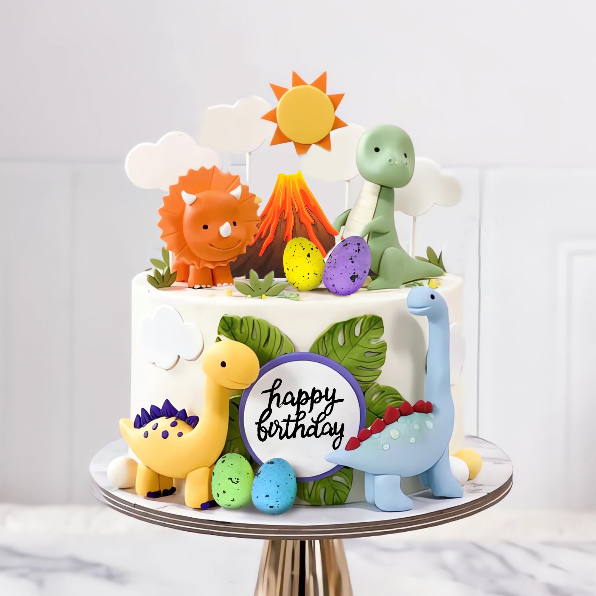 Tazimi Clay Dinosaur Cake Toppers – Volcano, Egg & Dino Decorations for Kids Birthday