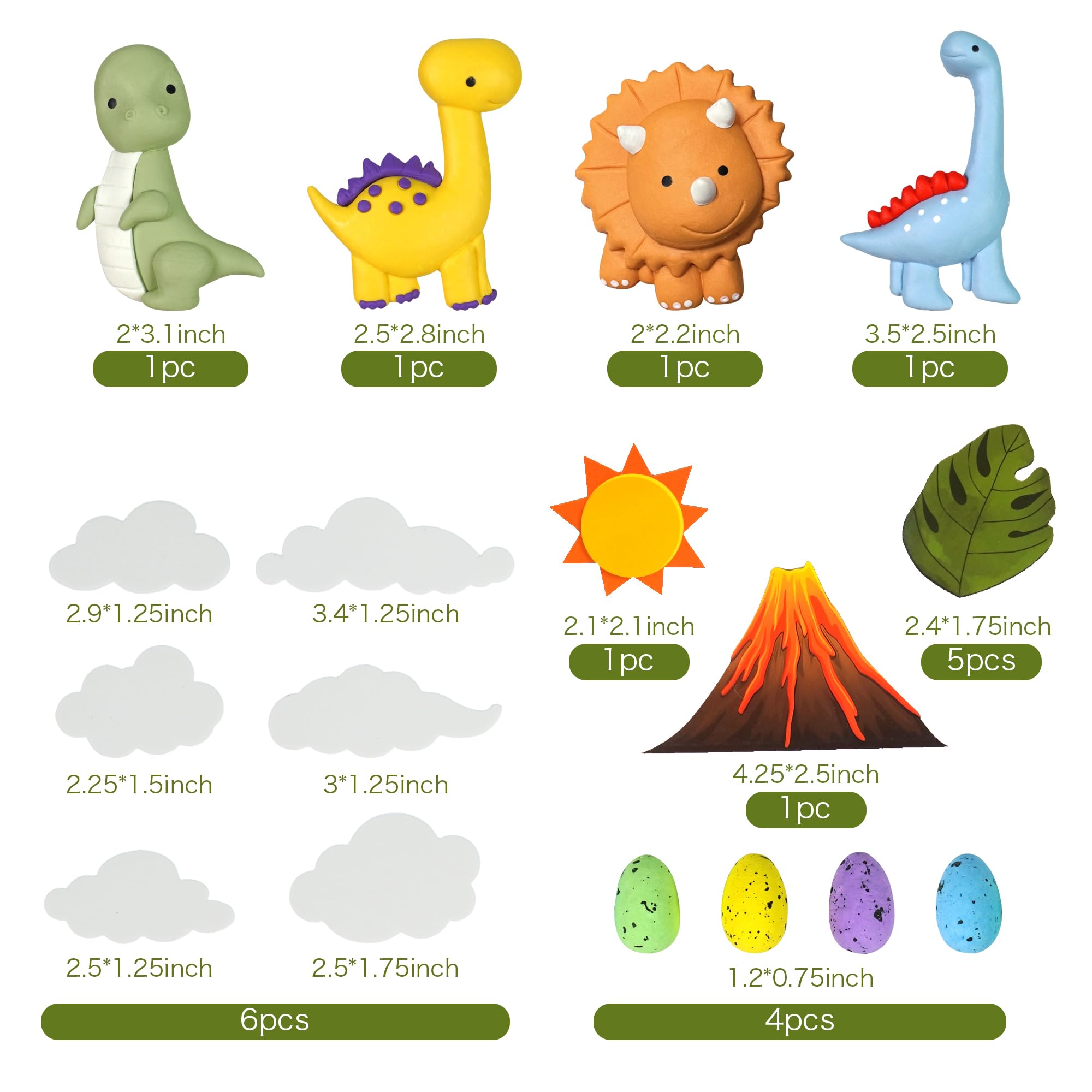 Tazimi Clay Dinosaur Cake Toppers – Volcano, Egg & Dino Decorations for Kids Birthday