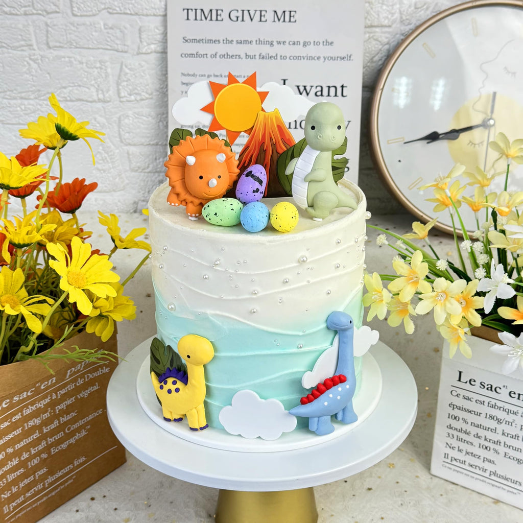 Tazimi Clay Dinosaur Cake Toppers – Volcano, Egg & Dino Decorations for Kids Birthday
