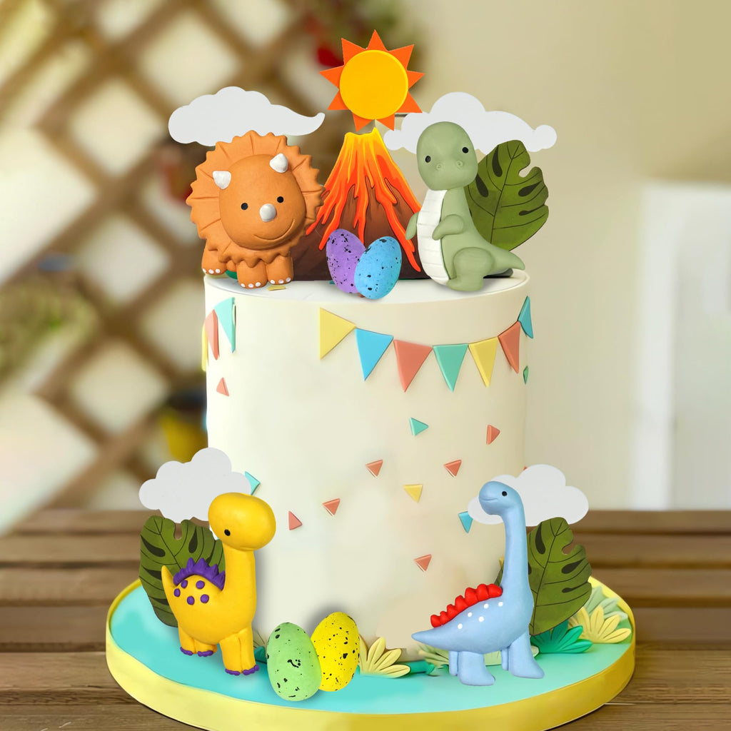Tazimi Clay Dinosaur Cake Toppers – Volcano, Egg & Dino Decorations for Kids Birthday
