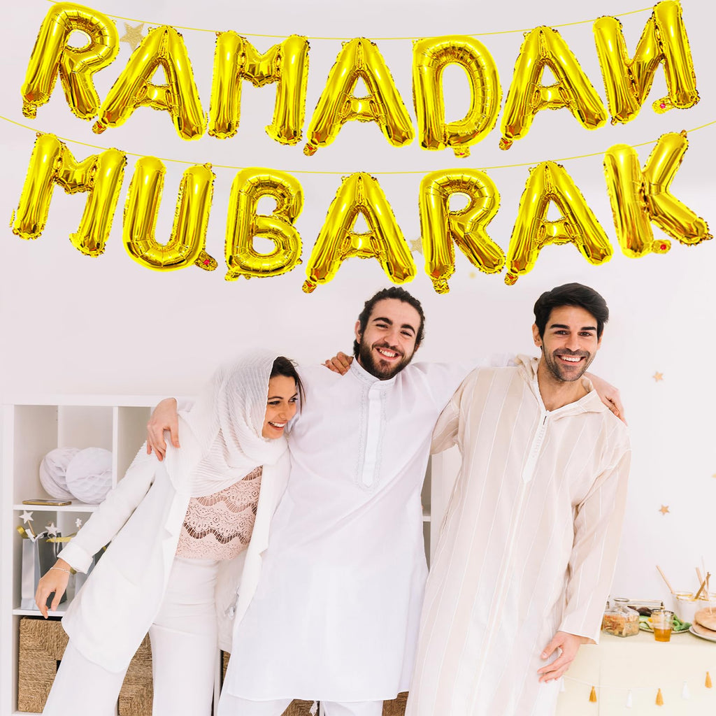 Tedercle 16-Inch Ramadan Mubarak Banner – Gold Mylar Balloons for Eid Decor