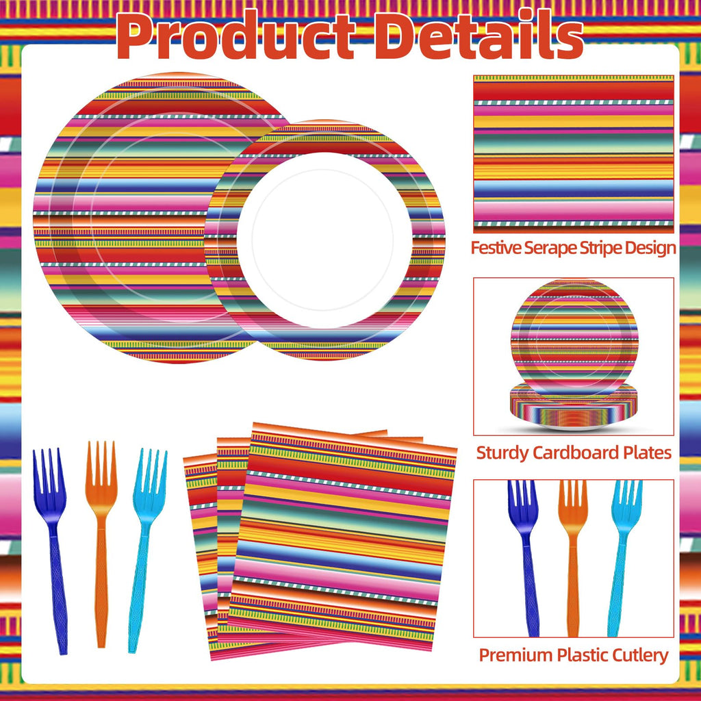 Tedercle 100 Pcs Mexican Fiesta Tableware Set – Serape Striped Plates, Napkins & Forks for 25 Guests