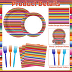 Tedercle 100 Pcs Mexican Fiesta Tableware Set – Serape Striped Plates, Napkins & Forks for 25 Guests