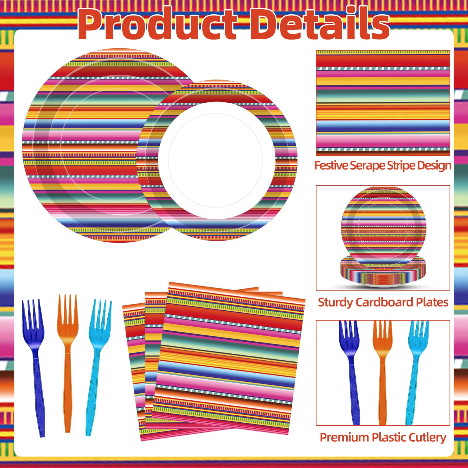 Tedercle 100 Pcs Mexican Fiesta Tableware Set – Serape Striped Plates, Napkins & Forks for 25 Guests