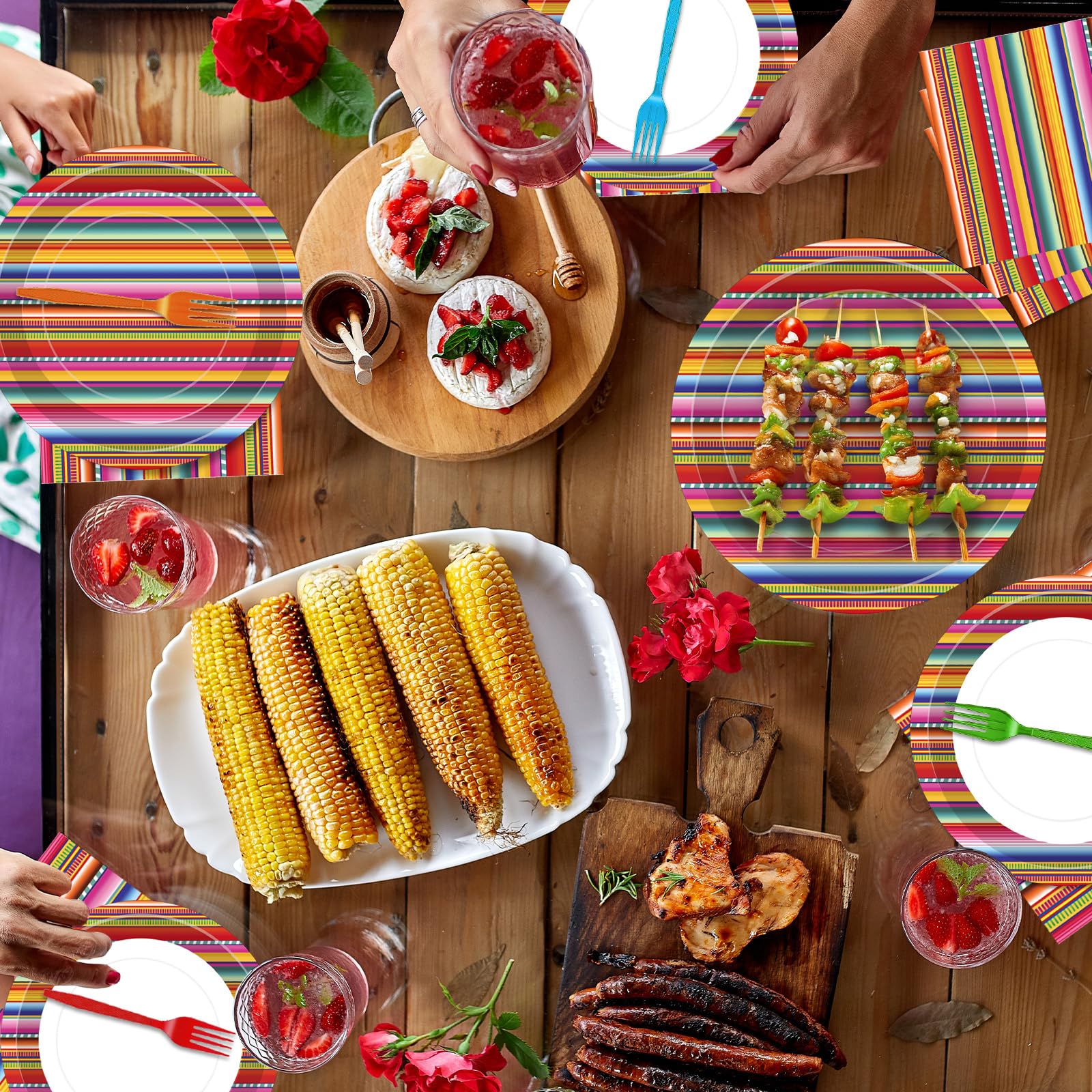 Tedercle 100 Pcs Mexican Fiesta Tableware Set – Serape Striped Plates, Napkins & Forks for 25 Guests