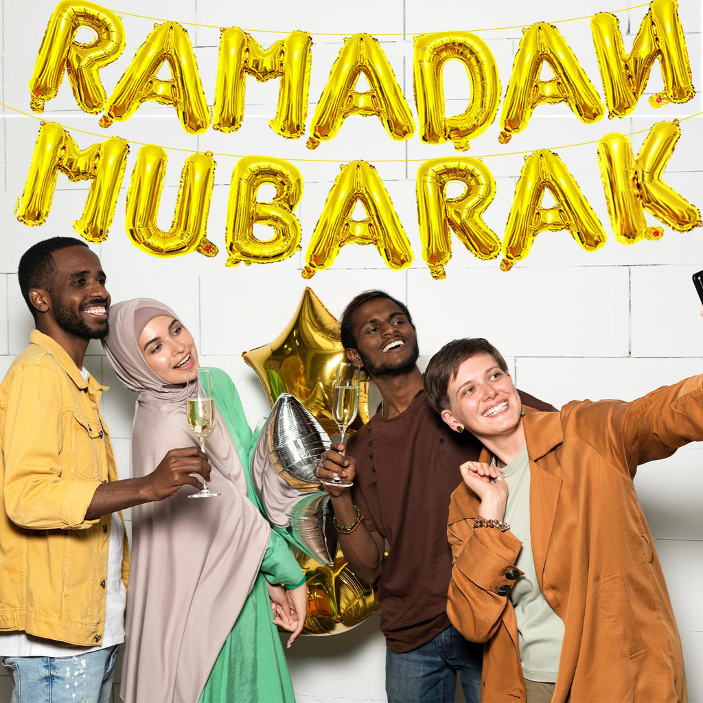 Tedercle 16-Inch Ramadan Mubarak Banner – Gold Mylar Balloons for Eid Decor