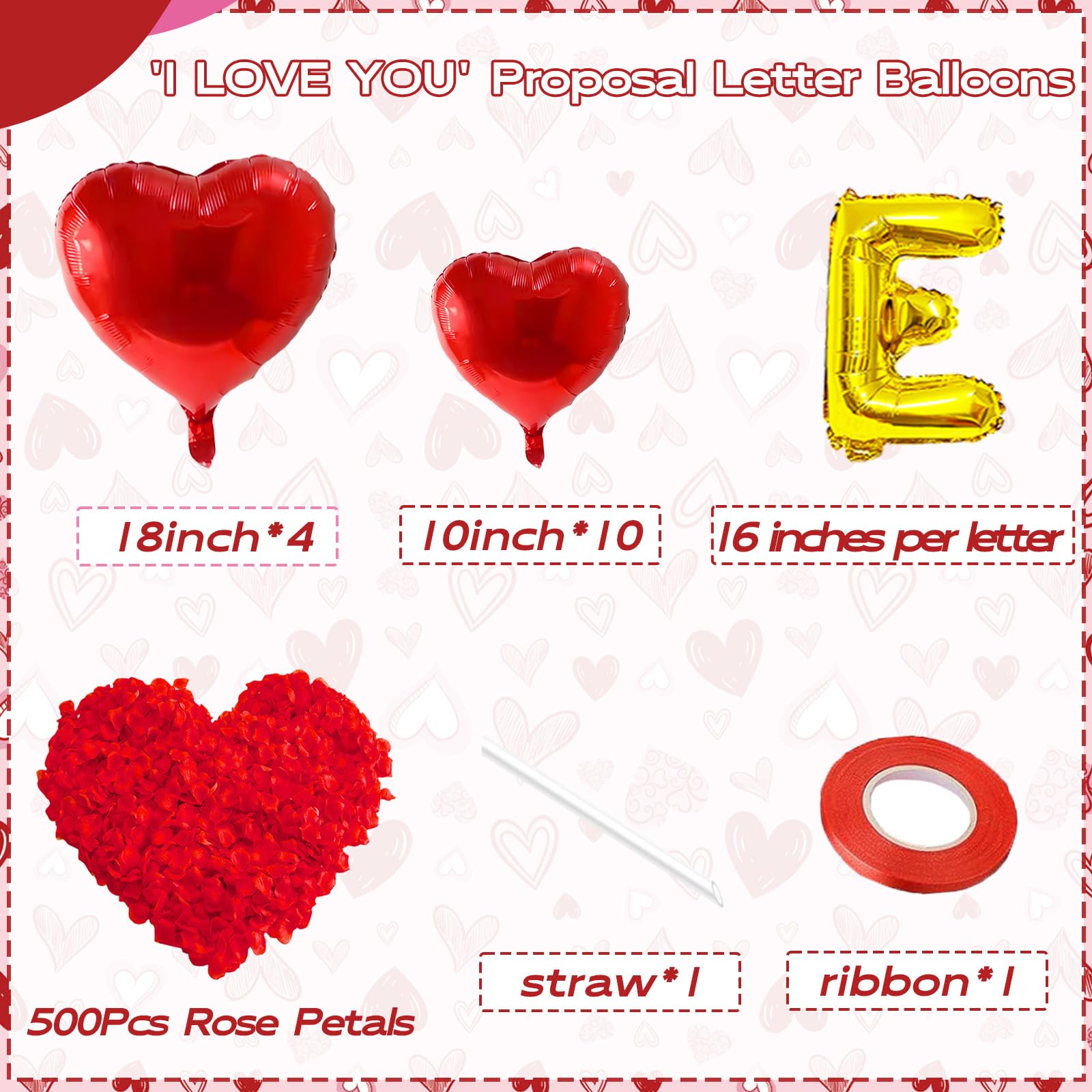 Tedercle I Love You Balloons & 500 Rose Petals Set | Foil Heart Balloons for Weddings & Valentine’s Day